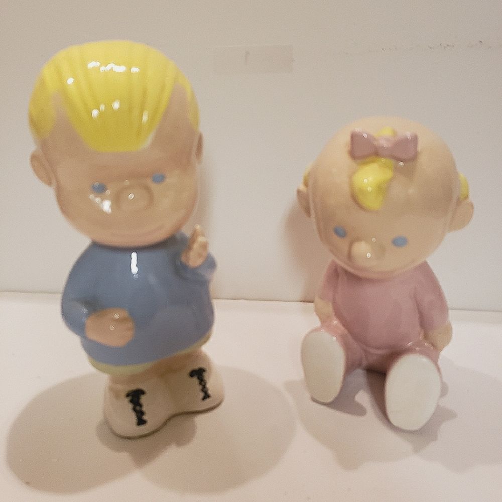 Vintage handcrafted ceramic Baby Schroder & Baby Sally Brown Peanuts characters